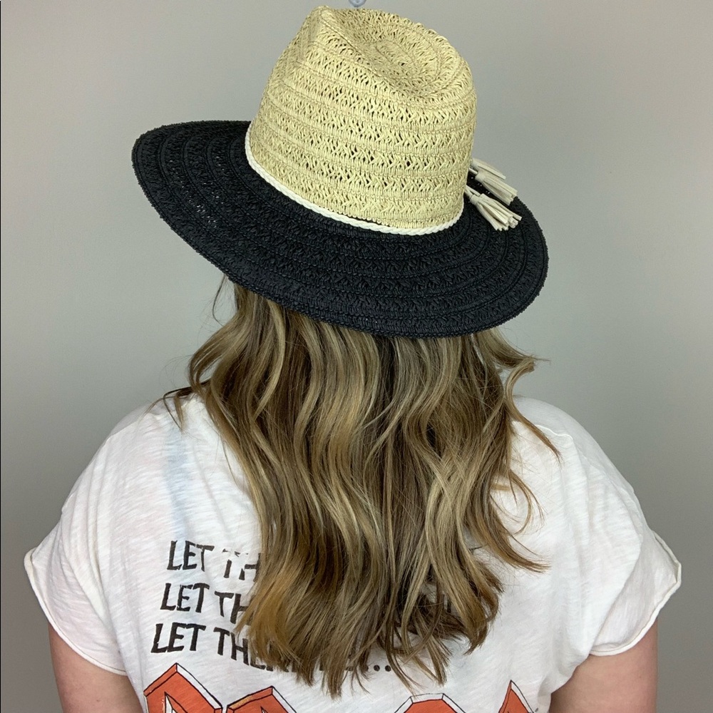 Night Train Straw Hat Tan Black Boho Wide Brim - Picture 5 of 8